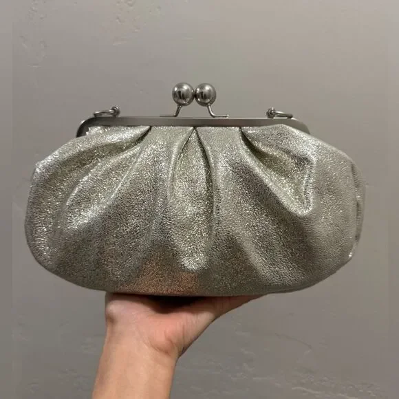 Silver Glitter Sheepskin Handmade Kisslock Slouchy Clutch/Wristlet/Crossbody